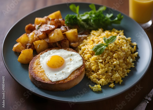 Delicious savory breakfast plate with fried egg and potatoes being served