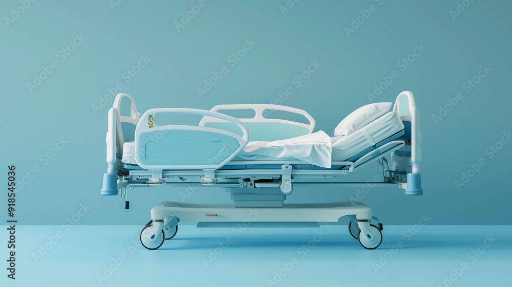 side view of a hospital bed against a soft blue background, conveying a sense of security and care side view of a hospital bed against a soft blue background, conveying a sense of security and care