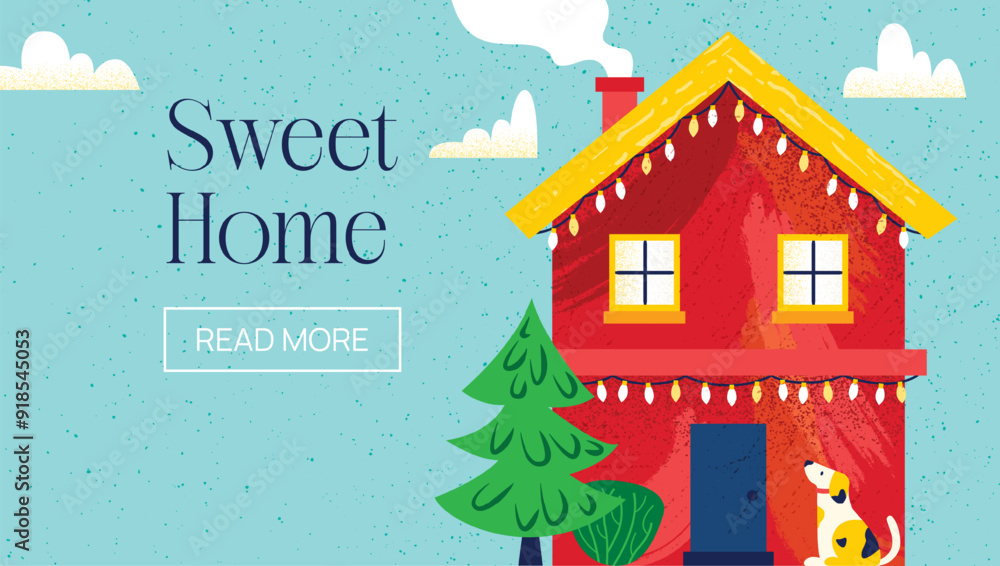 Red House Sweet Home Banner. Vector Flat Style Illustration of Christmas Home with Dog. Website Promotional Concept with Web Button. Red House Sweet Home Banner. Vector Flat Style Illustration of Christmas Home with Dog. Website Promotional Concept with Web Button.