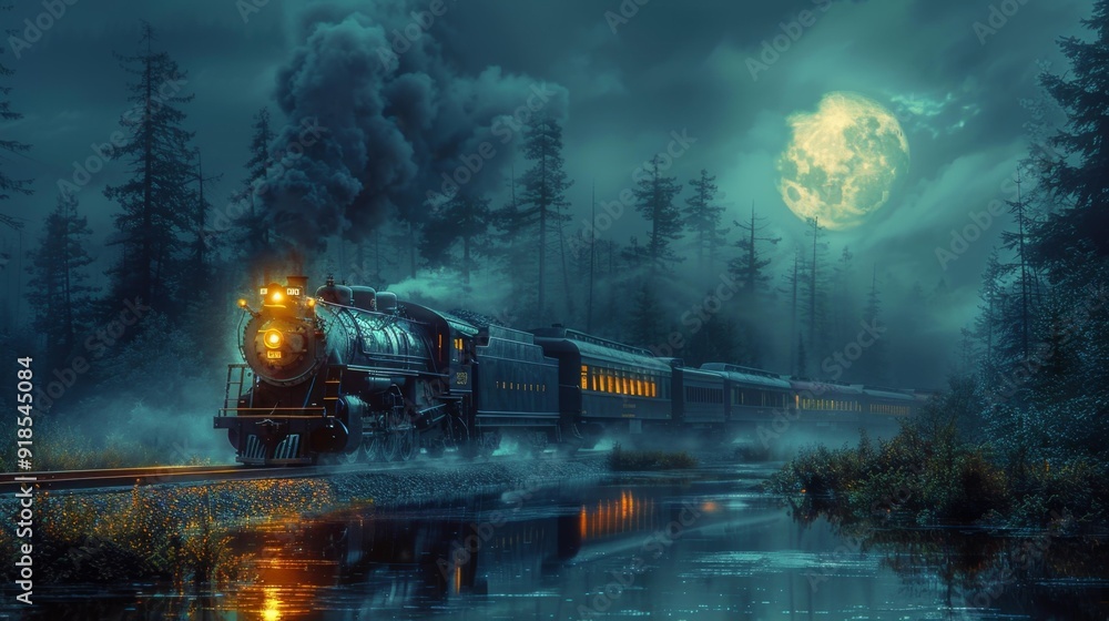 Mystical night train journey under full moon - generative ai Mystical night train journey under full moon - generative ai
