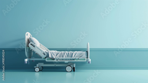 side view of a hospital bed against a soft blue background, conveying a sense of security and care