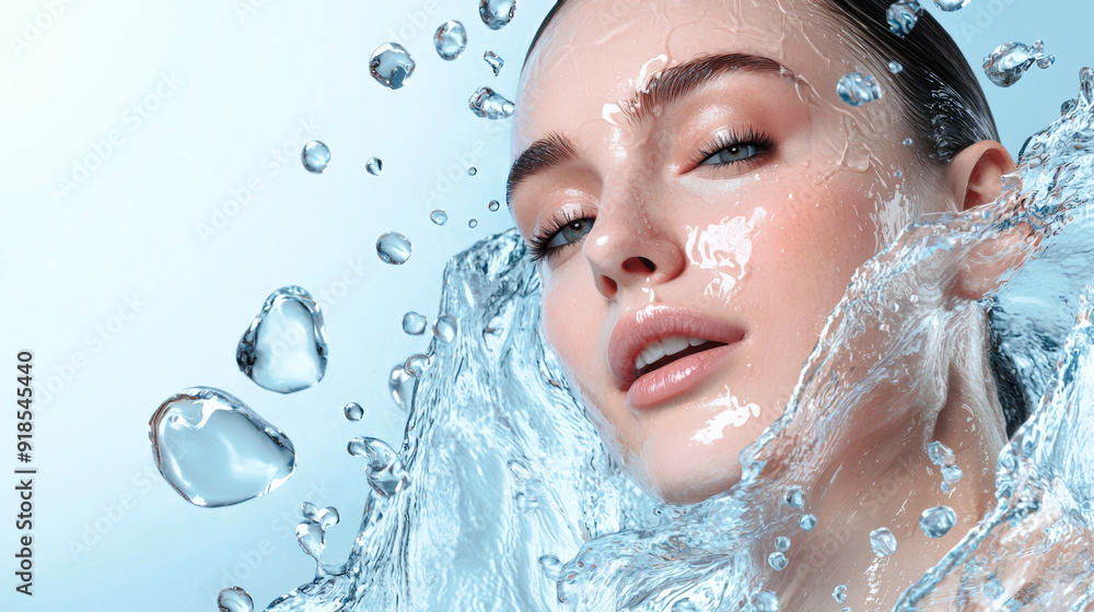 Stylish scene with a model surrounded by abstract water symbols, holding a hydration essence, highlighting the fusion of modern skincare and timeless vitality Stylish scene with a model surrounded by abstract water symbols, holding a hydration essence, highlighting the fusion of modern skincare and timeless vitality