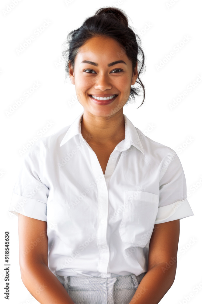 Polynesian happy young woman wearing hospitality job uniform with white shirt Polynesian happy young woman wearing hospitality job uniform with white shirt