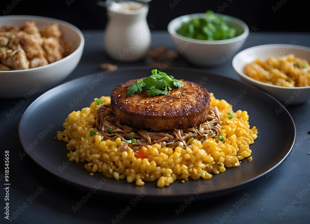 Vegan soy burger served on a bed of turmeric rice and soba noodles with side dishes in soft focus Vegan soy burger served on a bed of turmeric rice and soba noodles with side dishes in soft focus