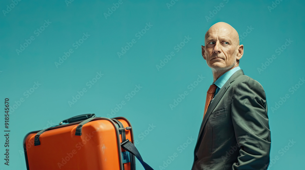 bald and bold businessman going on holiday or business trip holding orange briefcase on blue background bald and bold businessman going on holiday or business trip holding orange briefcase on blue background