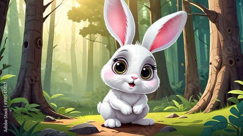 Illustration of a cute white rabbit sitting in a forest - animated cartoon photo