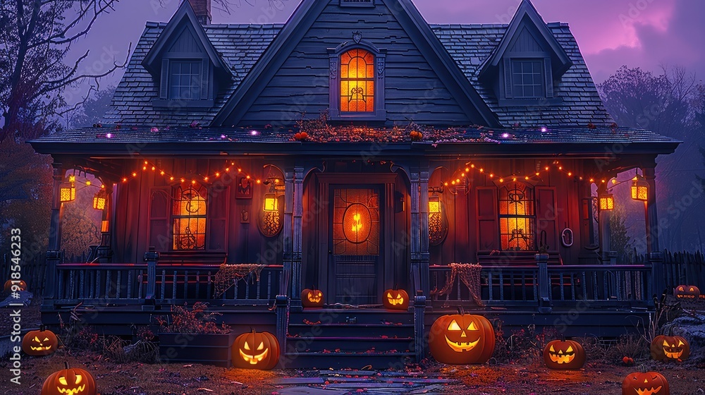 Halloween-style house with purple roof, dark gray wooden boards, orange lights in the house, lights hanging on the eaves, two rows of benches under the windows on both sides. Generative AI. Halloween-style house with purple roof, dark gray wooden boards, orange lights in the house, lights hanging on the eaves, two rows of benches under the windows on both sides. Generative AI.