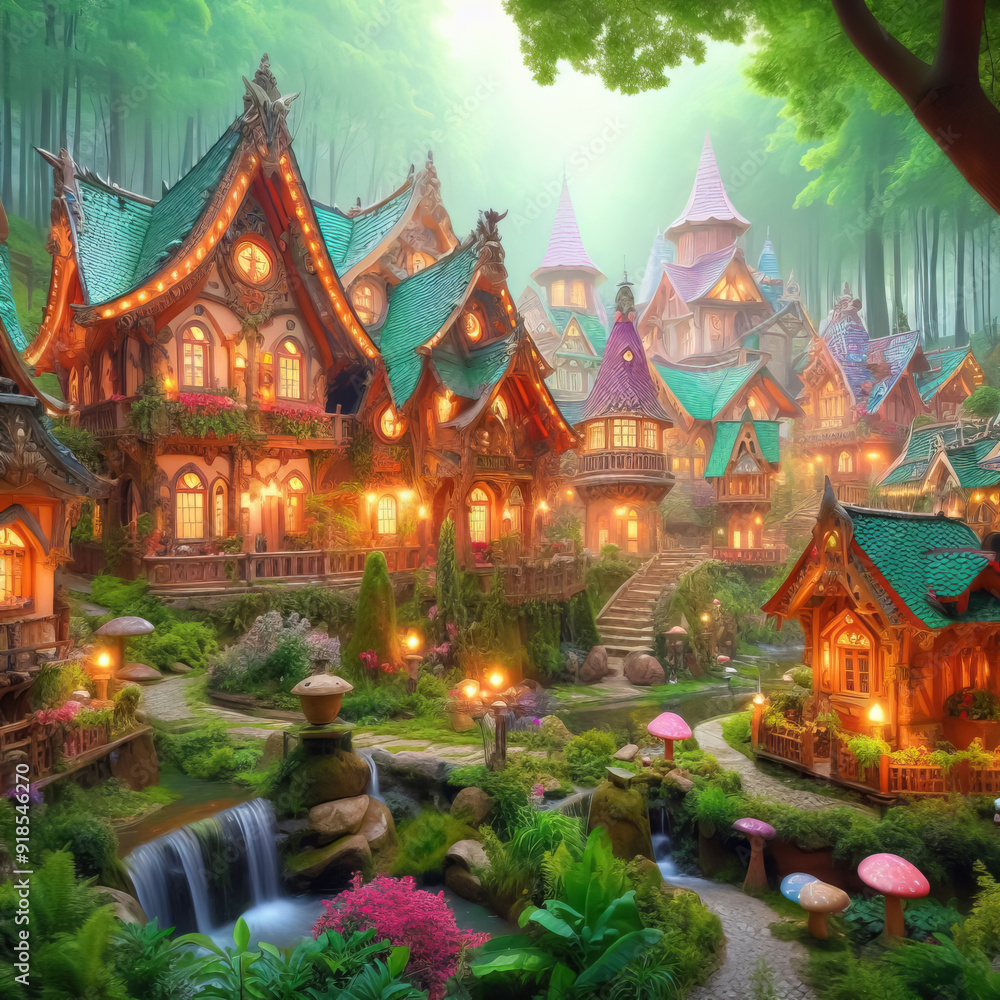 Fantasy houses in magic forest, scenery of fairy tale village Fantasy houses in magic forest, scenery of fairy tale village