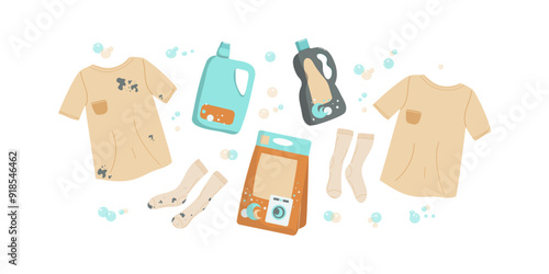 Clean and dirty clothes, T-shirt and socks. Clothes with dirt stains, washed. Set of detergents for washing in the washing machine. Household detergents, cleaning products. Packages and bottles.