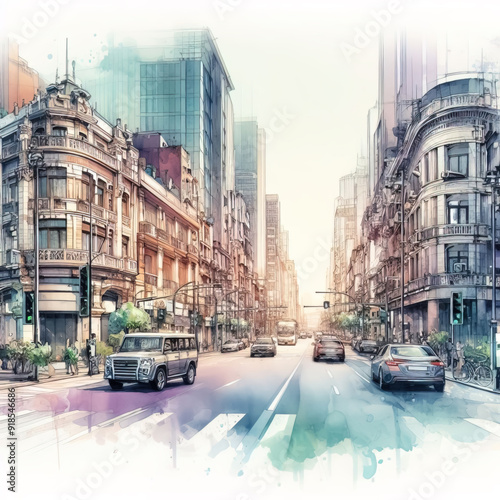Modern city street, watercolor painting