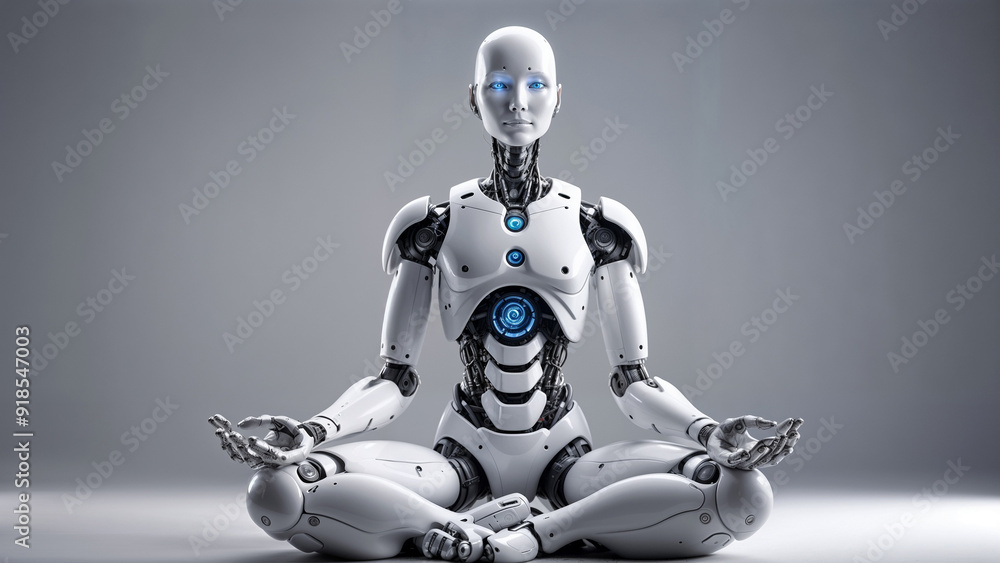 Fototapeta premium An advanced humanoid robot in a meditative pose, symbolizing the harmonious blend of technology and mindfulness, High resolution photography, high quality, high detail, hyper realistic, studio photogr