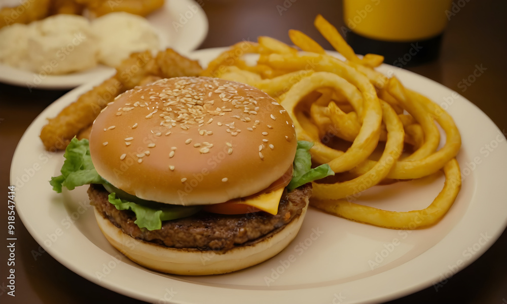 Delicious cheeseburger lying on plate with french fries Delicious cheeseburger lying on plate with french fries