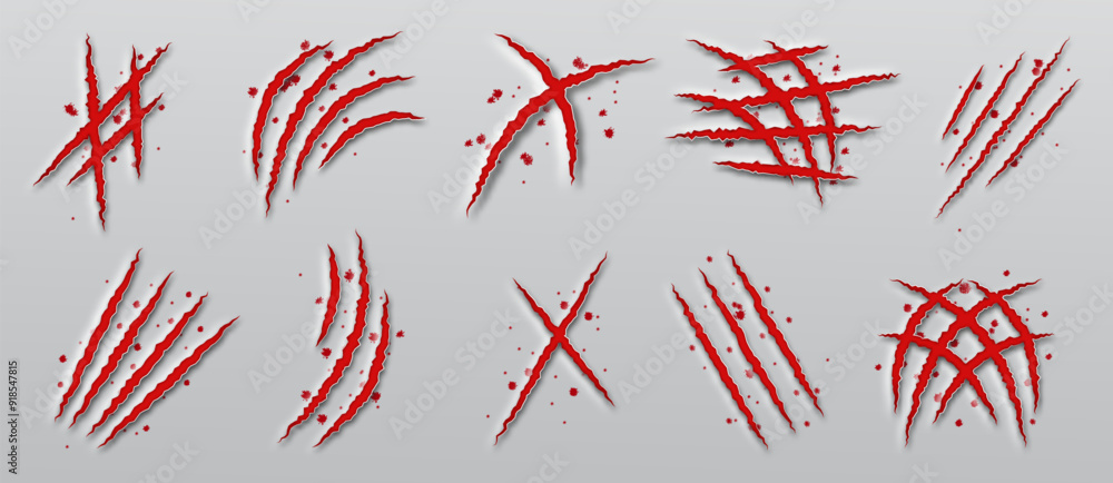Claw scratch marks. Dinosaur nail paw tracks. Animal bloody damages. Cat or tiger shred attacks. Bears rough furrows. Halloween stripes. Lion slashes print texture. Vector talon traces set Claw scratch marks. Dinosaur nail paw tracks. Animal bloody damages. Cat or tiger shred attacks. Bears rough furrows. Halloween stripes. Lion slashes print texture. Vector talon traces set
