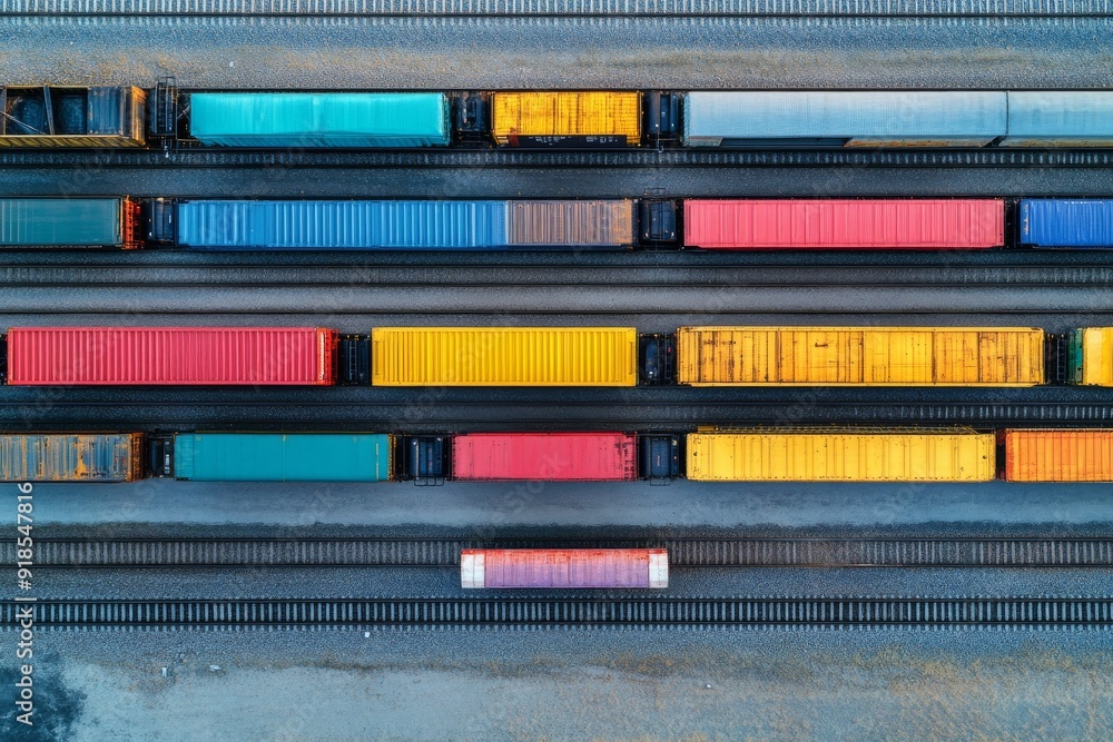An array of vibrant freight trains is lined up on railway tracks, showcasing a variety of colors against a brilliant blue sky An array of vibrant freight trains is lined up on railway tracks, showcasing a variety of colors against a brilliant blue sky