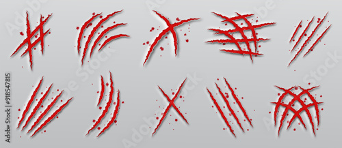 Claw scratch marks. Dinosaur nail paw tracks. Animal bloody damages. Cat or tiger shred attacks. Bears rough furrows. Halloween stripes. Lion slashes print texture. Vector talon traces set