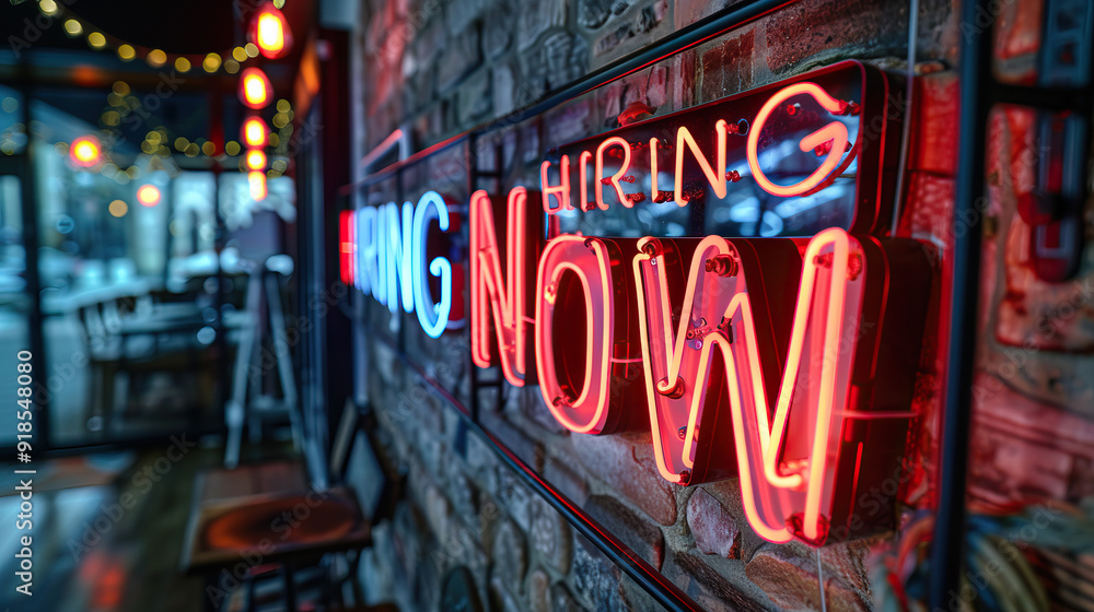 glowing red Hiring now template board on bricks wall outside a cafe, Now Hiring word , business concept glowing red Hiring now template board on bricks wall outside a cafe, Now Hiring word , business concept