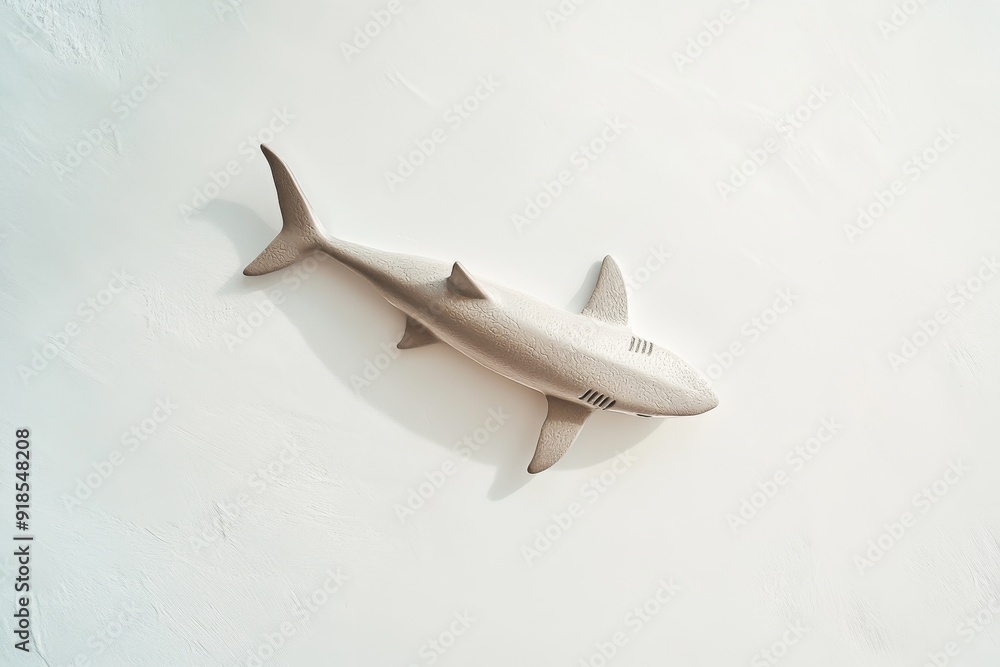 Fototapeta premium A detailed view captures a toy shark atop a pristine white surface, showcasing its design and texture in a well-lit environment