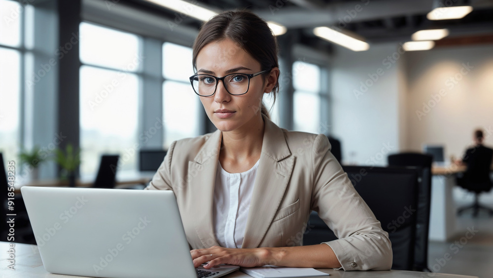 Woman sitting in office with laptop. Professional employee or business lady using laptop in modern office. Woman sitting in office with laptop. Professional employee or business lady using laptop in modern office.