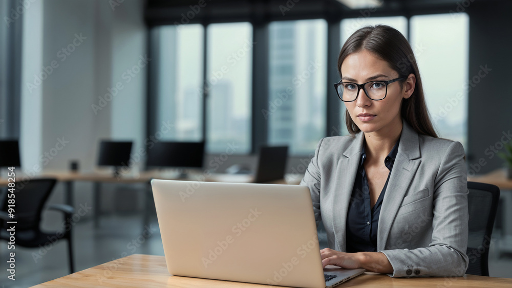 Woman sitting in office with laptop. Professional employee or business lady using laptop in modern office. Woman sitting in office with laptop. Professional employee or business lady using laptop in modern office.