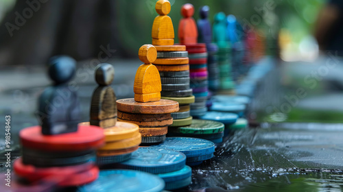 Wooden figures on stacked coins socioeconomic inequality