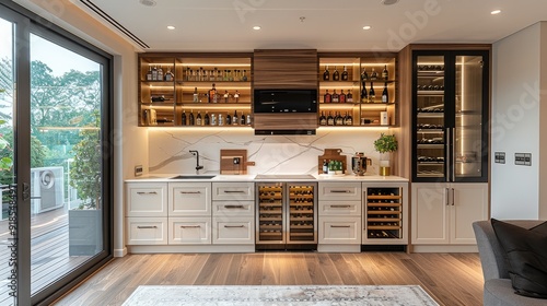 Modern kitchen cabinets in white and beige with glass doors, brushed black titanium wine cooler with recessed lighting, and wooden wine rack. High-end interior includes living room backsplash layout. photo