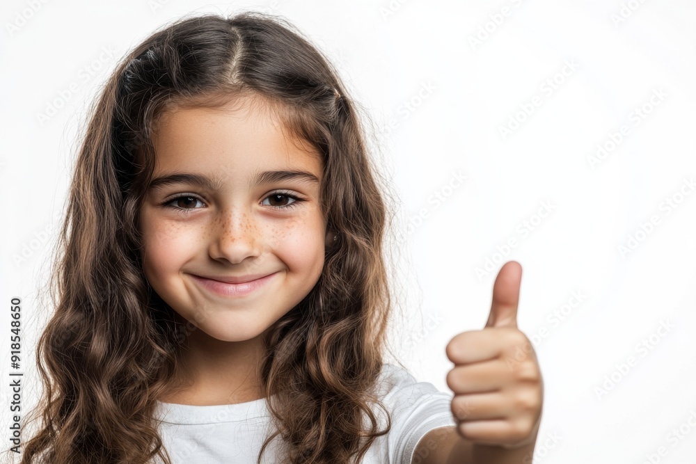 A confident girl with curly hair smiles brightly while giving a thumbs up, radiating positivity and joy against a pure white background A confident girl with curly hair smiles brightly while giving a thumbs up, radiating positivity and joy against a pure white background