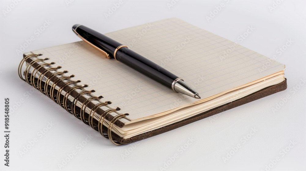 Simple Notebook With a Pen Resting on White Background Ready for Writing Ideas Simple Notebook With a Pen Resting on White Background Ready for Writing Ideas
