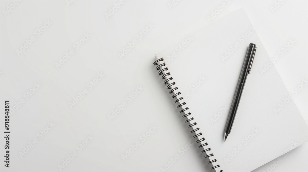 A Spiral Notebook and Black Pen Resting on a Clean White Surface in a Minimalistic Setting A Spiral Notebook and Black Pen Resting on a Clean White Surface in a Minimalistic Setting