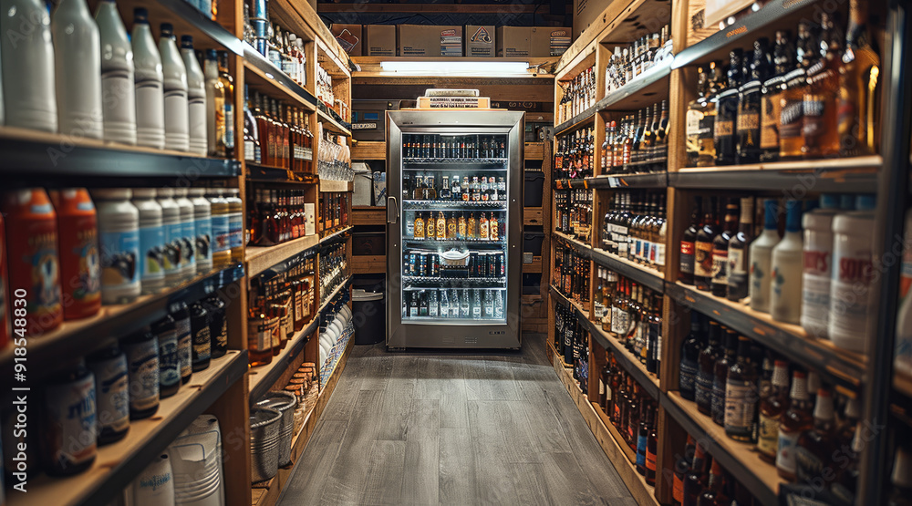 An inventory room filled with bar supplies. The room includes shelves lined with various soft drinks, bottles of mixer, spirits, beers, and wines. There is a large ice chest or cooler filled with ice. An inventory room filled with bar supplies. The room includes shelves lined with various soft drinks, bottles of mixer, spirits, beers, and wines. There is a large ice chest or cooler filled with ice.