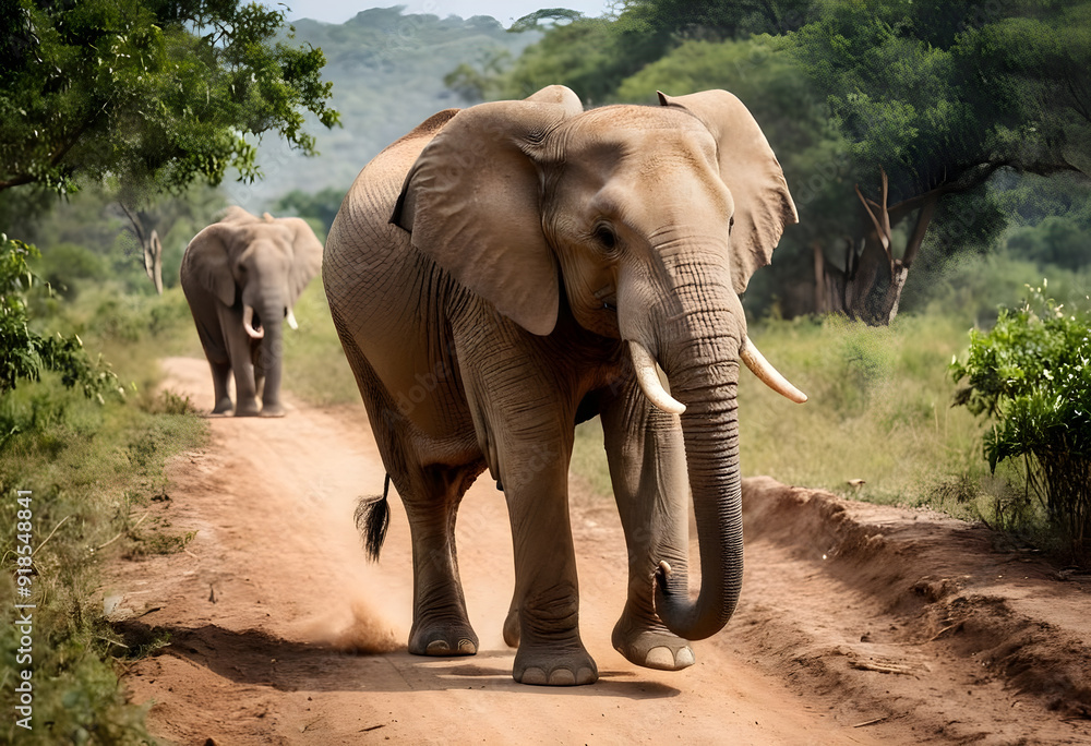 Fototapeta premium African elephant walking on dirt road with others following