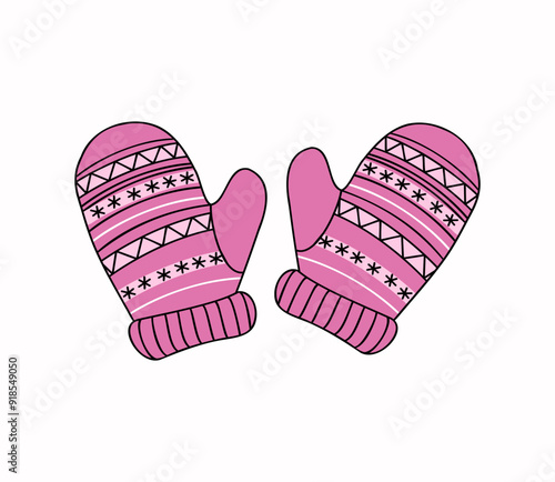 Knitted mittens with Christmas ornament. Warm cozy knitted clothes. Handicraft, handmade. Autumn, winter season. Illustration on isolated background.