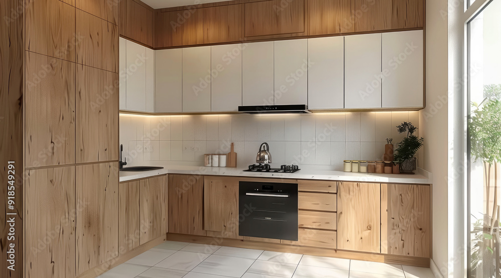 A small kitchen with light brown cabinets and wooden cupboards, a small black stove top with an empty space for an air conditioner built-in under the sink. White tiles on the floor. Generative AI. A small kitchen with light brown cabinets and wooden cupboards, a small black stove top with an empty space for an air conditioner built-in under the sink. White tiles on the floor. Generative AI.