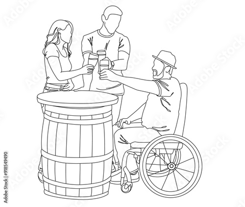 Group Of people Drinking Beer outline vector illustration. Hold Glasses Doodle Men on wheelchair, men standing and woman In Pub Or Bar Concept Toasting Party Or Celebration Vector Illustration