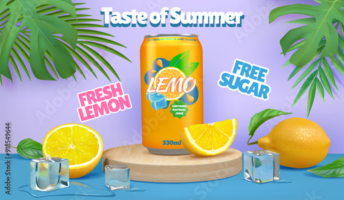 Summer drink. 3D fruit soda ad banner. Lemon juice beverage product or fresh sparkling water promotion. Cola can on pedestal. Tropical package. Citrus slices. Vector design background