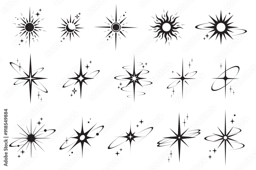 Line icons of stars. Y2k shiny elements. Sparkles and glitter symbols. Retro graphic set of minimal figures. Magic black twinkles sun and moon with cosmic orbits on white background. Line icons of stars. Y2k shiny elements. Sparkles and glitter symbols. Retro graphic set of minimal figures. Magic black twinkles sun and moon with cosmic orbits on white background.