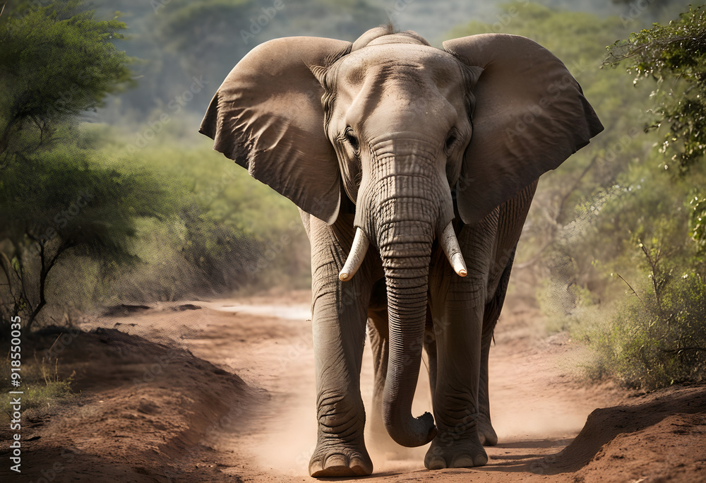 Obraz premium Large elephant bull walking on a dirt road