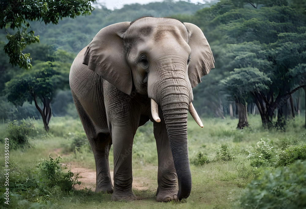 Obraz premium Large african elephant standing on dirt road in lush green forest
