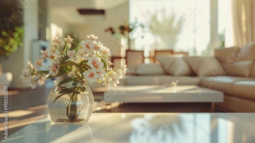 Wallpaper Mural Modern living room design with sofa and furniture. Blurred bright living room with sofa and flowers Torontodigital.ca