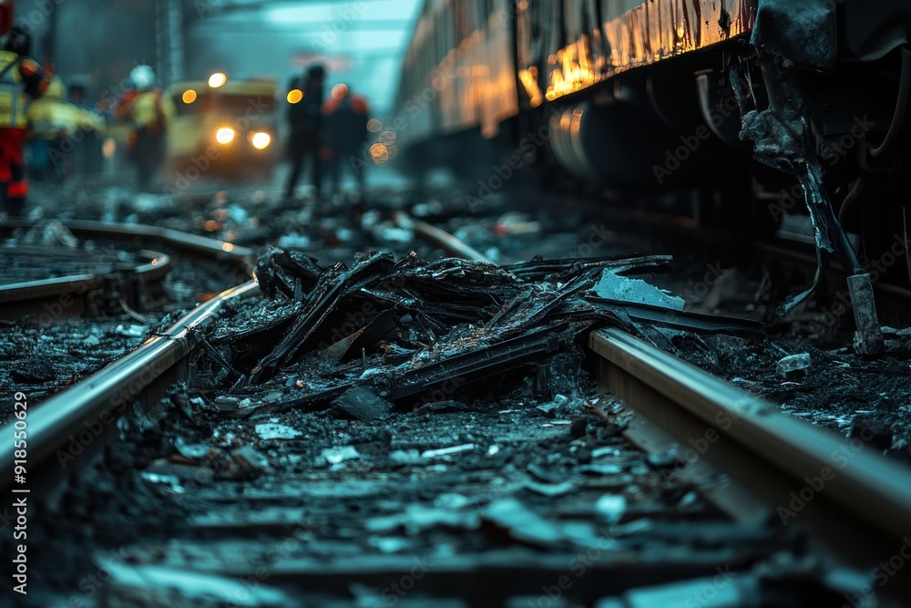 Rescue teams work amidst twisted metal and debris, highlighting the serious aftermath of a train accident on the railway tracks during late evening Rescue teams work amidst twisted metal and debris, highlighting the serious aftermath of a train accident on the railway tracks during late evening