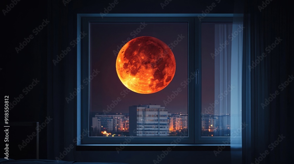 Naklejka premium A realistic depiction of a red moon viewed through a window of a modern home, with the interior dimly lit and the moon prominently visible outside