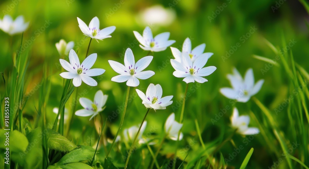 small white wildflowers in the grass, with a green background small white wildflowers in the grass, with a green background