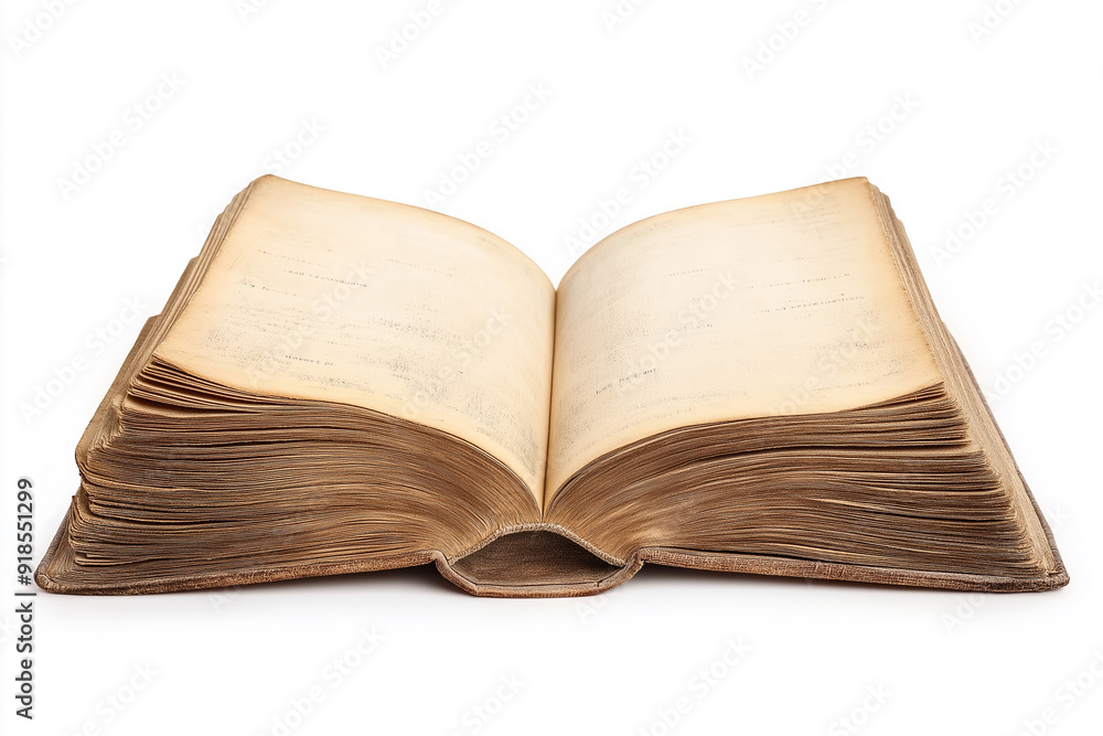An open old book with yellowed pages, showing the effects of time and use, evoking nostalgia and history, with a plain white background offering copy space. An open old book with yellowed pages, showing the effects of time and use, evoking nostalgia and history, with a plain white background offering copy space.