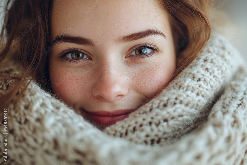 A young woman with a warm smile is wrapped in a large, cozy knit sweater, showcasing her sparkling eyes and soft freckles against a cozy background A young woman with a warm smile is wrapped in a large, cozy knit sweater, showcasing her sparkling eyes and soft freckles against a cozy background