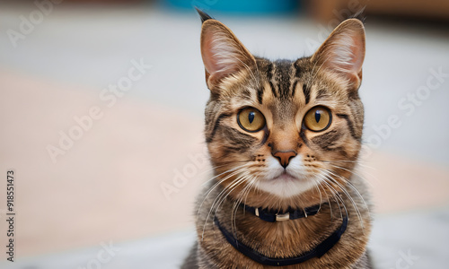 Portrait of tabby cat wearing collar looking at camera