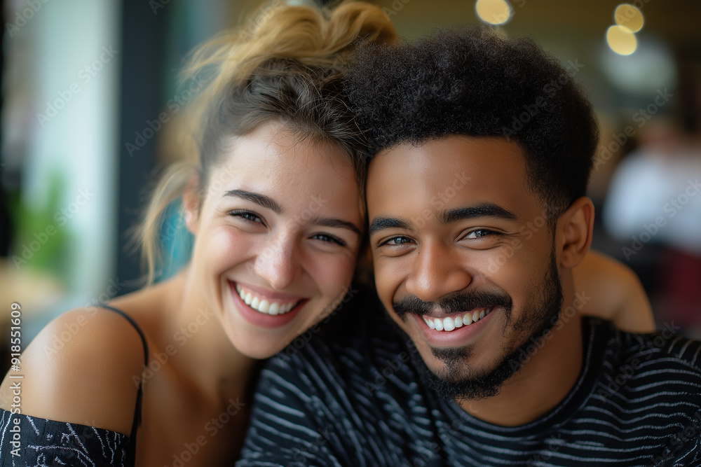 A happy interracial couple smiling closely together, showcasing their joy and connection, with a warm background. A happy interracial couple smiling closely together, showcasing their joy and connection, with a warm background.