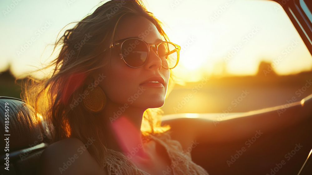 Woman enjoying sunset drive with sunglasses on. Summertime and journey Woman enjoying sunset drive with sunglasses on. Summertime and journey