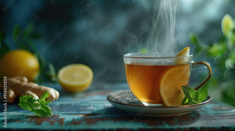 Cup of healthy ginger tea with mint leaves and lemon. Space for your text Cup of healthy ginger tea with mint leaves and lemon. Space for your text