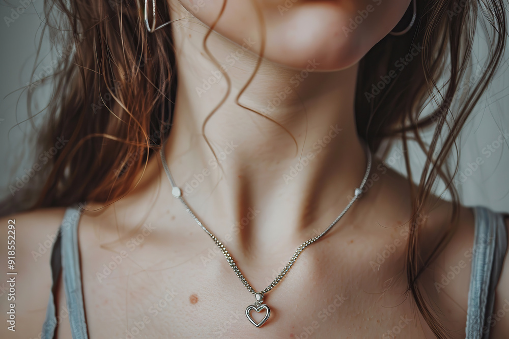 Silver heart pendant and chain on woman's neck Silver heart pendant and chain on woman's neck
