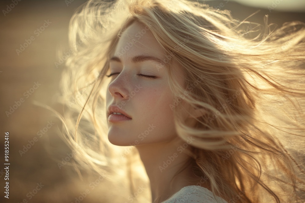 A tranquil woman embraces the soft wind, her blonde hair dancing gracefully around her, capturing a moment of peace and connection with nature A tranquil woman embraces the soft wind, her blonde hair dancing gracefully around her, capturing a moment of peace and connection with nature