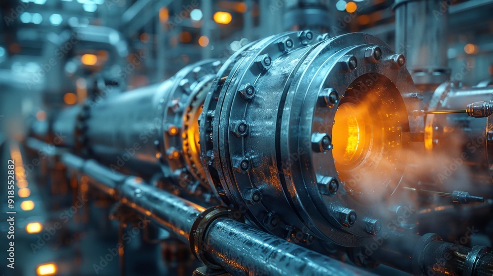 Industrial machinery with orange glow - generative ai Industrial machinery with orange glow - generative ai